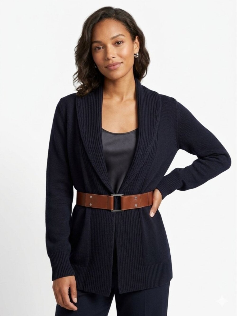 Michael Kors Navy Blue Shawl Collar Belted Cardigan Sweater Medium - 637